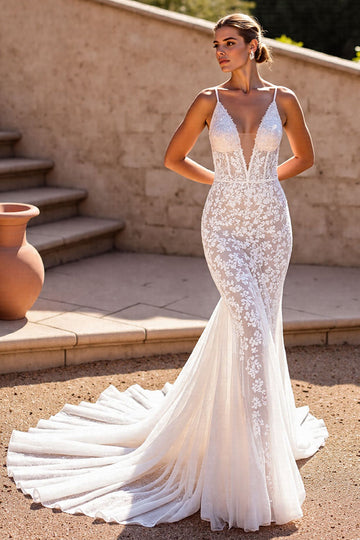 Mermaid Lace Ivory Spaghetti Straps Wedding Dress